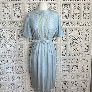 Vintage 50's 60's Baby Blue Floral Embroidered Cottagecore Button Up Dress